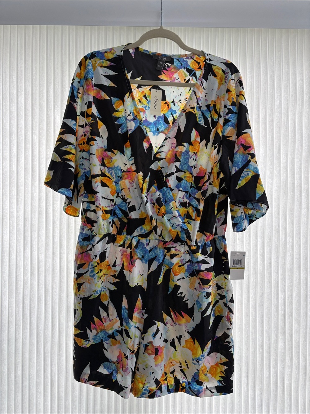 Soma Black Floral Wrap Romper with Multicolor Print NWT